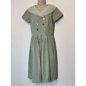 Vintage 50s Nelly Don Green & White Gingham Dress Double Breasted Rockabilly